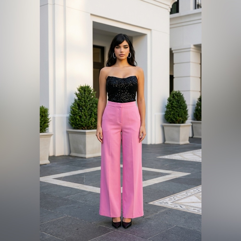 crown & ivy Pink High-Rise Wide Leg Trousers